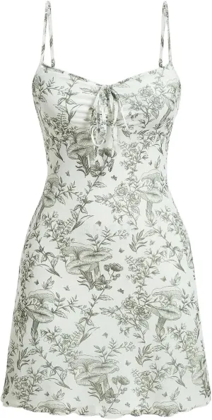 Milumia Women's Floral Print Tie Front Spaghetti Strap Cami Dress V Neck Flare Mini Sun Dresses