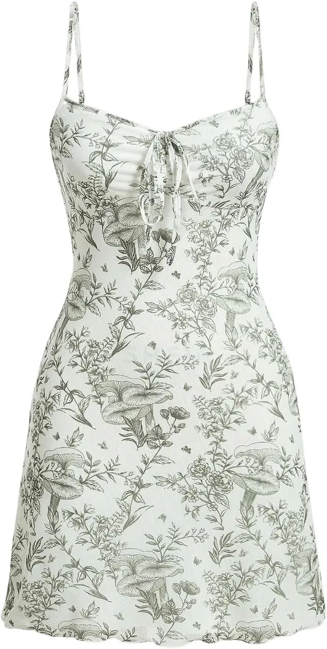 Milumia Women's Floral Print Tie Front Spaghetti Strap Cami Dress V Neck Flare Mini Sun Dresses