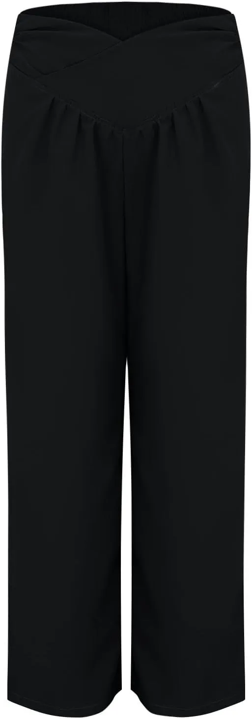 Miyaomn 2024 Women's Stylish Linen Palazzo Pants Crossover Waist Wide Leg Casual Lounge Trousers Summer Boho Yoga Beach Pants