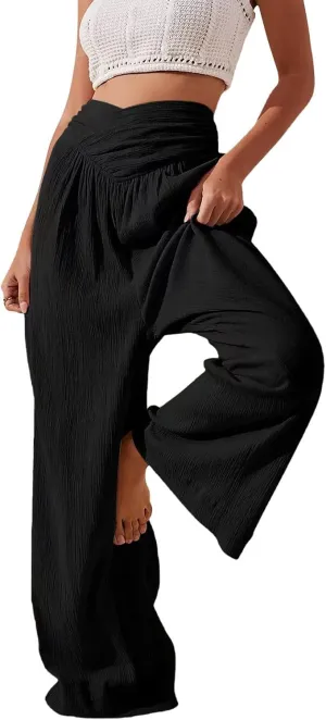Miyaomn 2024 Women's Stylish Linen Palazzo Pants Crossover Waist Wide Leg Casual Lounge Trousers Summer Boho Yoga Beach Pants