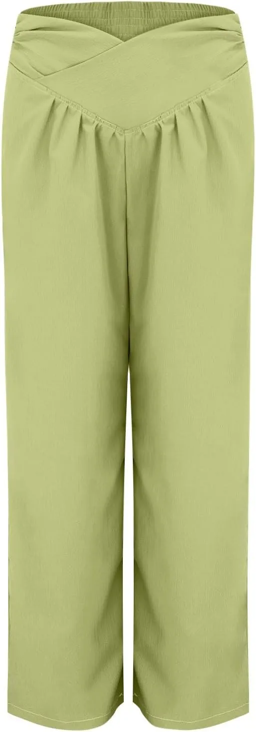 Miyaomn 2024 Women's Stylish Linen Palazzo Pants Crossover Waist Wide Leg Casual Lounge Trousers Summer Boho Yoga Beach Pants