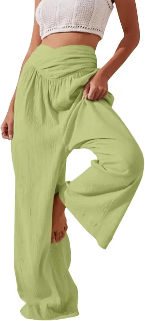 Miyaomn 2024 Women's Stylish Linen Palazzo Pants Crossover Waist Wide Leg Casual Lounge Trousers Summer Boho Yoga Beach Pants
