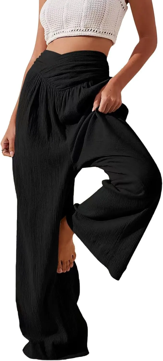 Miyaomn 2024 Women's Stylish Linen Palazzo Pants Crossover Waist Wide Leg Casual Lounge Trousers Summer Boho Yoga Beach Pants