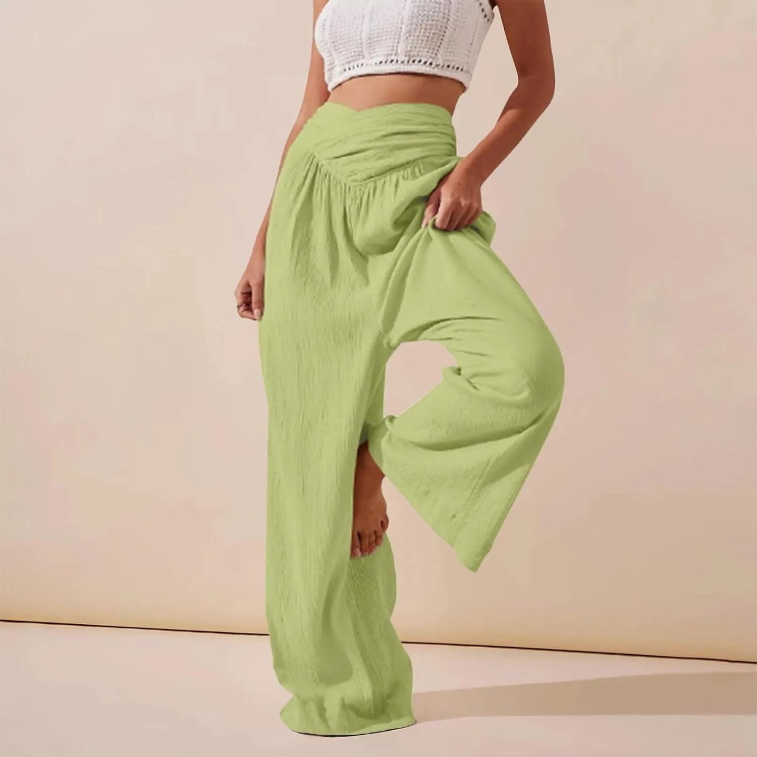 Miyaomn 2024 Women's Stylish Linen Palazzo Pants Crossover Waist Wide Leg Casual Lounge Trousers Summer Boho Yoga Beach Pants