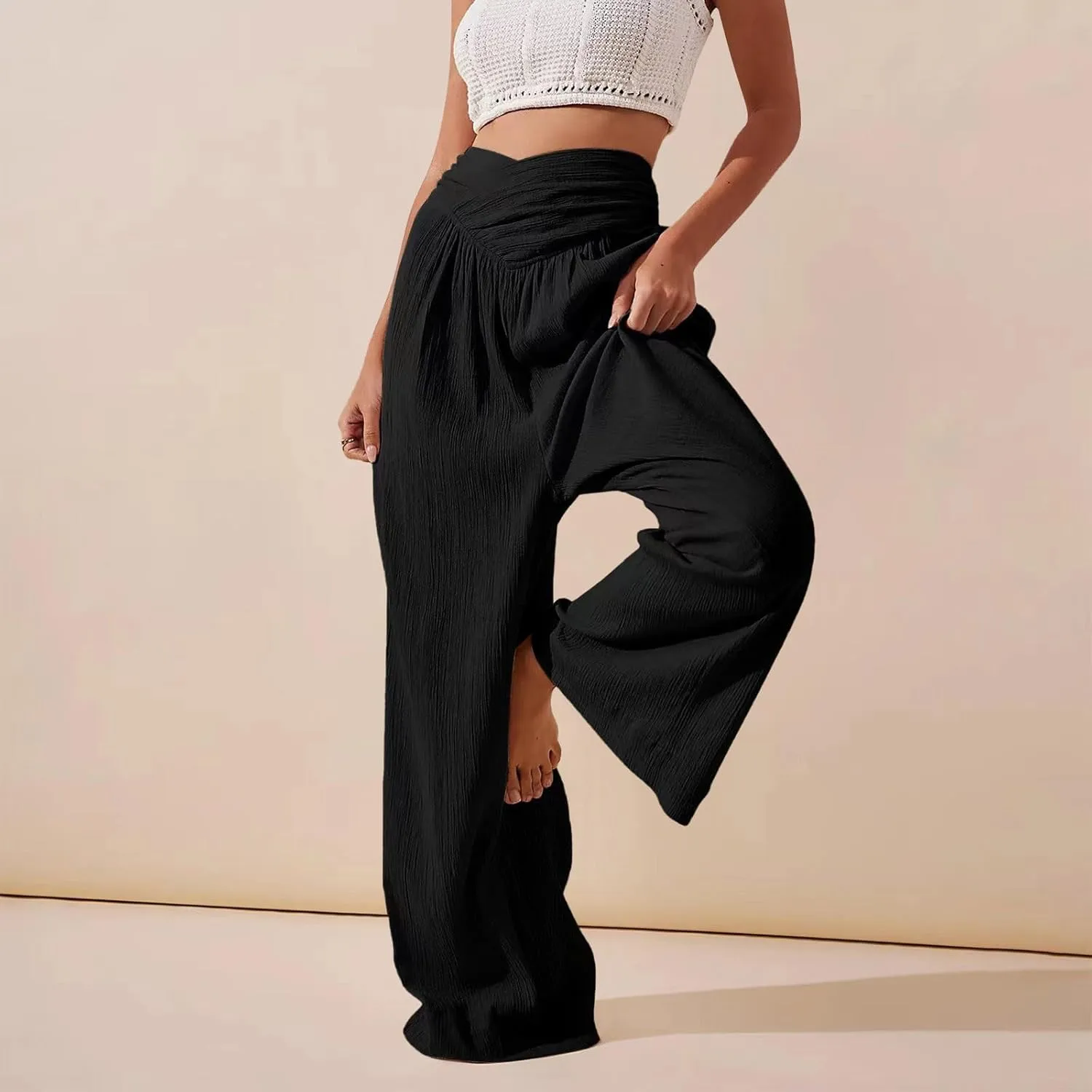 Miyaomn 2024 Women's Stylish Linen Palazzo Pants Crossover Waist Wide Leg Casual Lounge Trousers Summer Boho Yoga Beach Pants