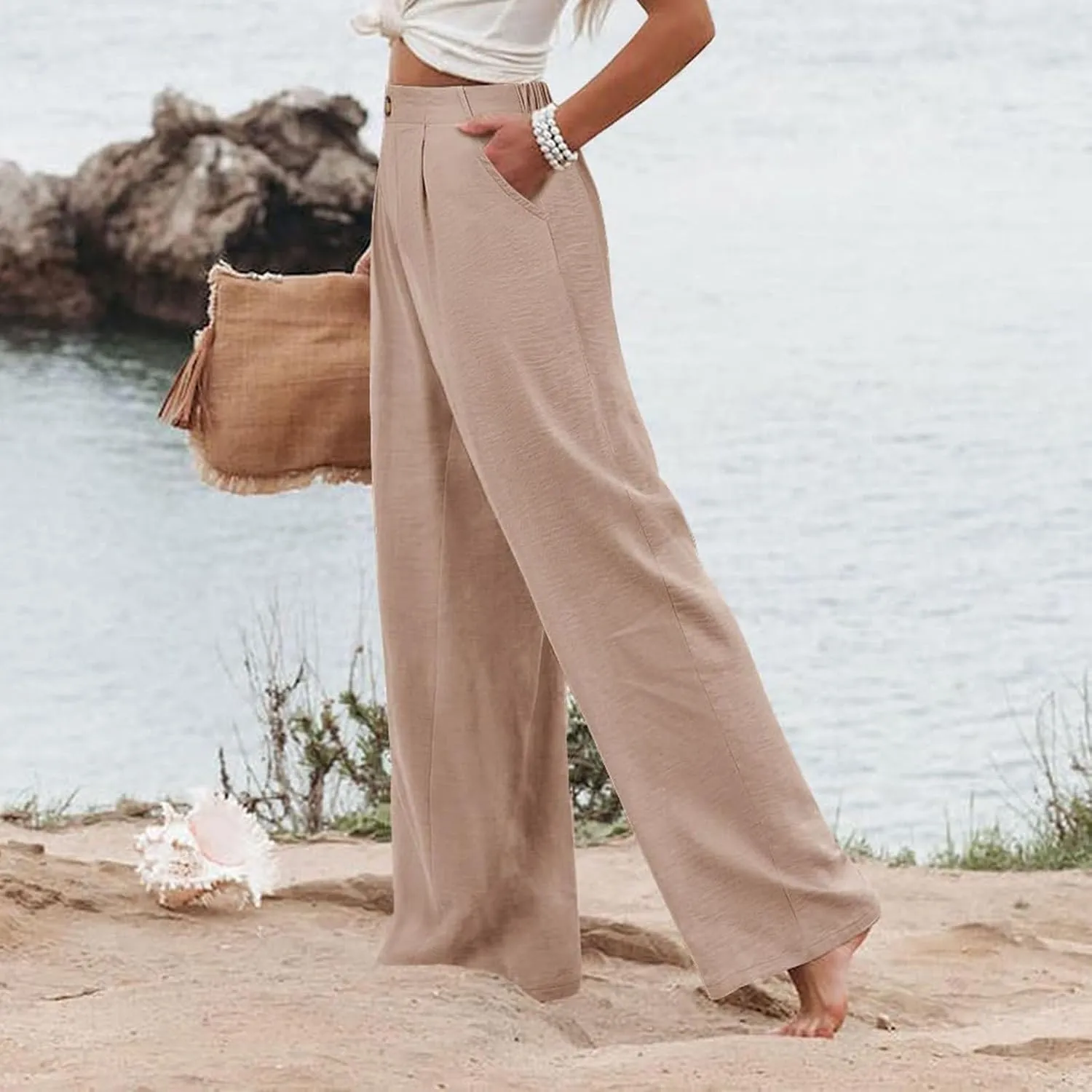 Mmoneyake Wide Leg Pants for Women High Waist Long Palazzo Pants Button Down Loose Business Work Office Trousers with Pockets