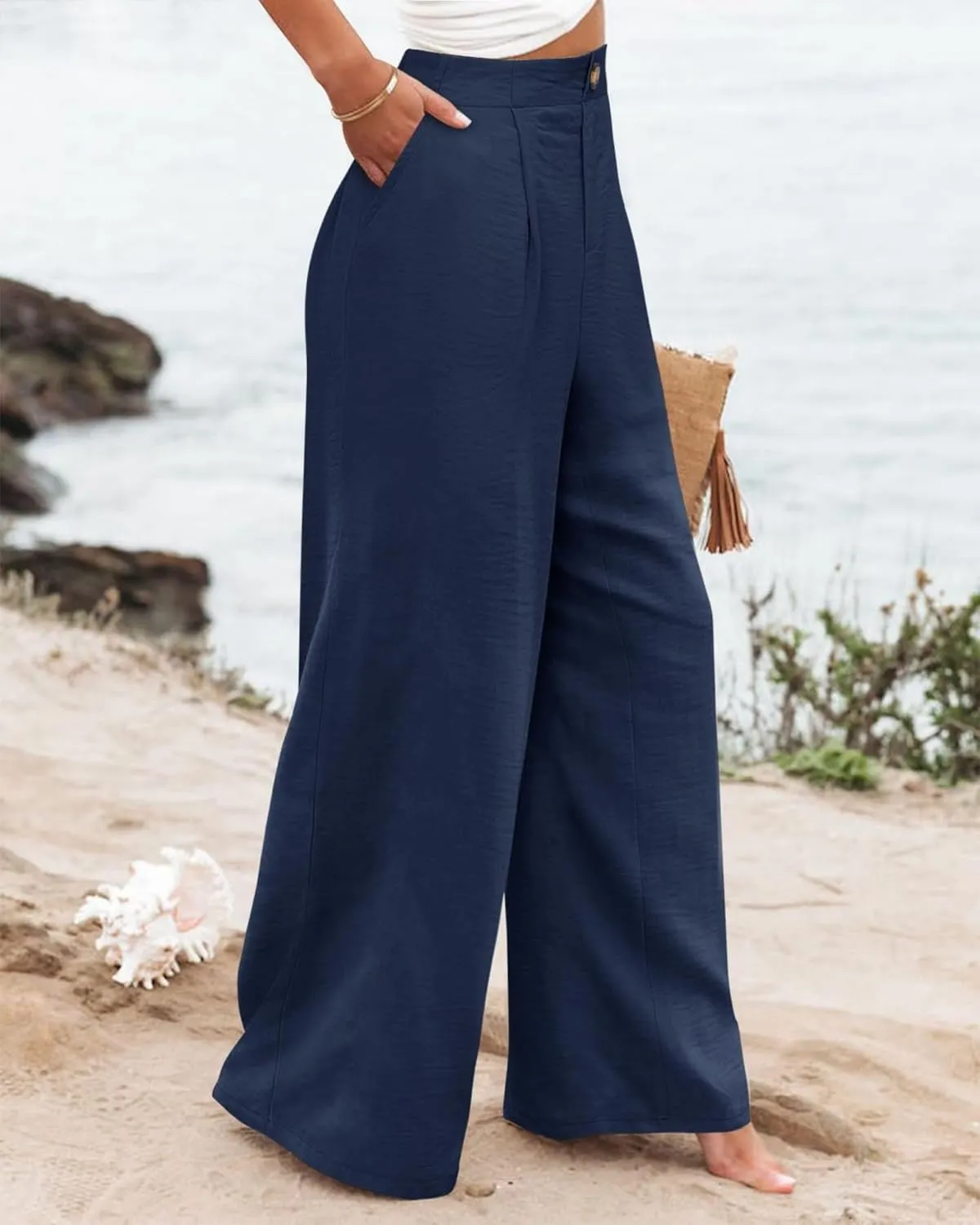 Mmoneyake Wide Leg Pants for Women High Waist Long Palazzo Pants Button Down Loose Business Work Office Trousers with Pockets