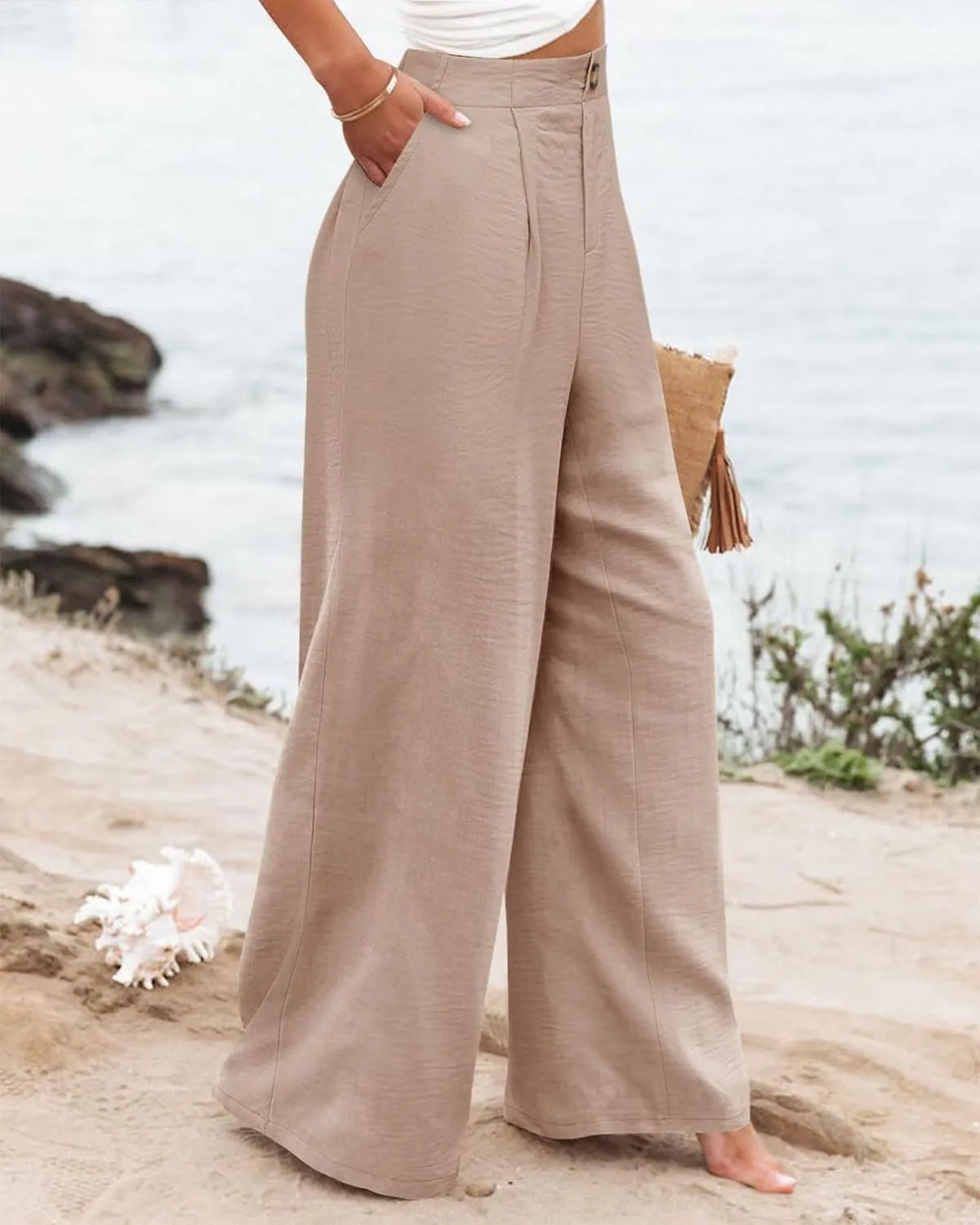 Mmoneyake Wide Leg Pants for Women High Waist Long Palazzo Pants Button Down Loose Business Work Office Trousers with Pockets
