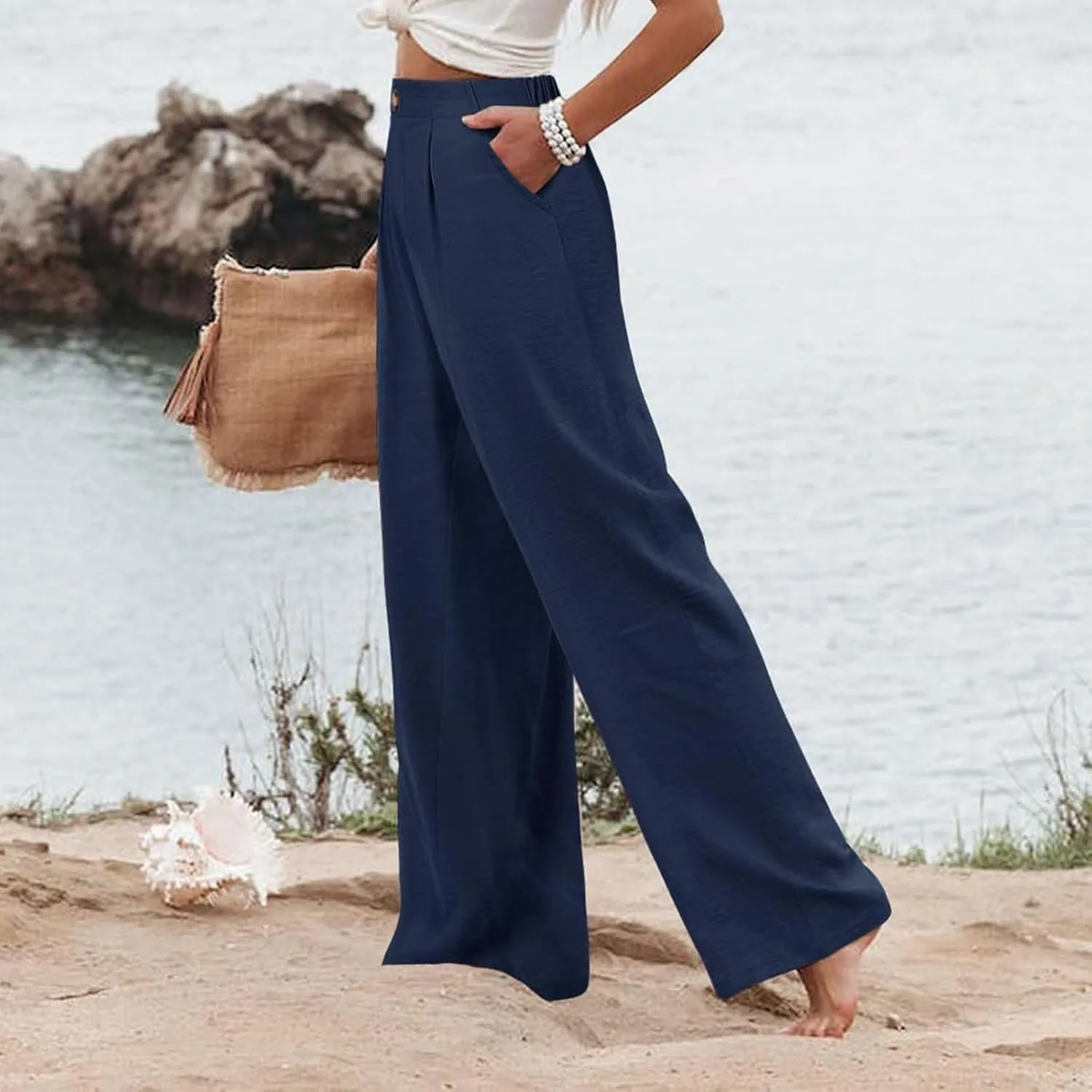 Mmoneyake Wide Leg Pants for Women High Waist Long Palazzo Pants Button Down Loose Business Work Office Trousers with Pockets