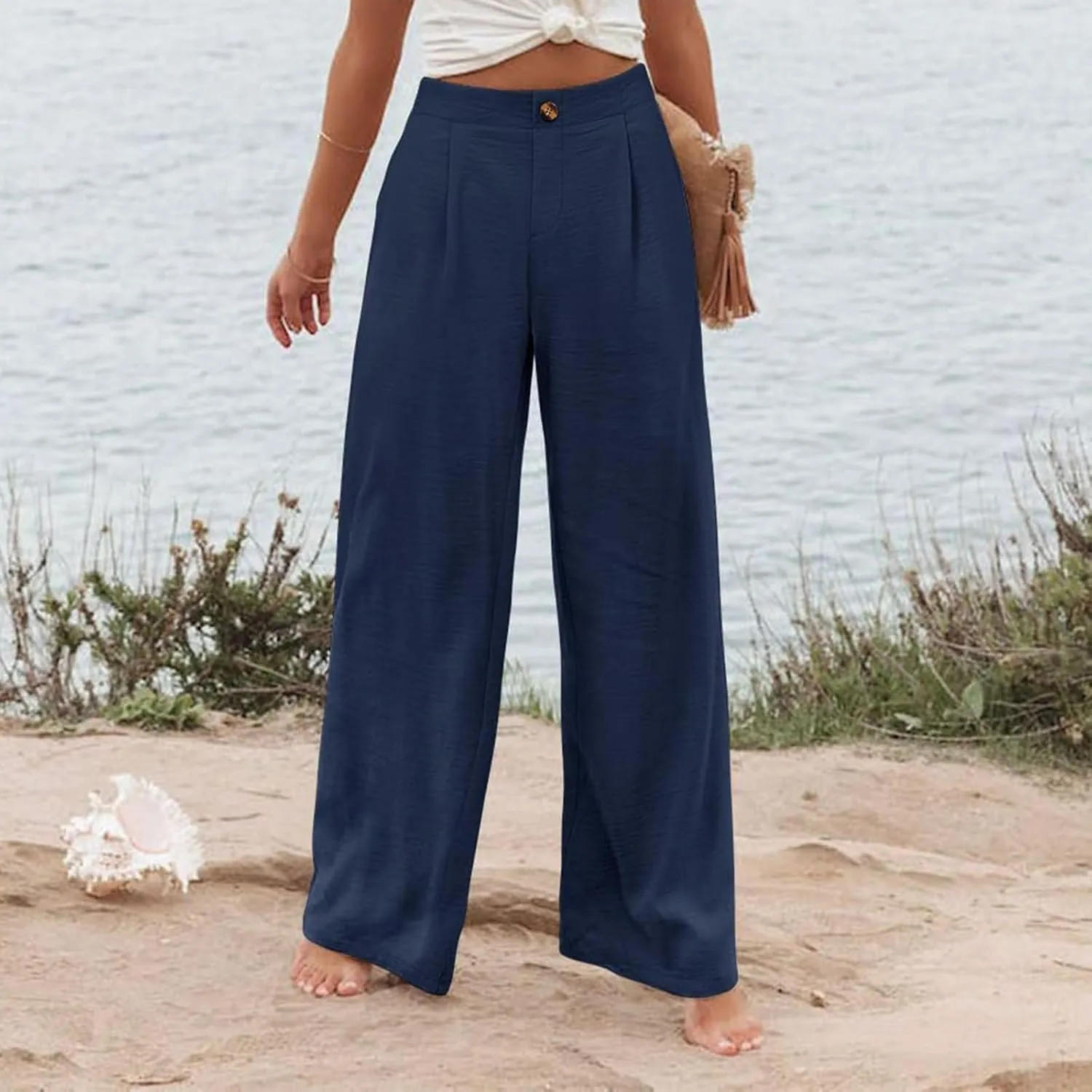 Mmoneyake Wide Leg Pants for Women High Waist Long Palazzo Pants Button Down Loose Business Work Office Trousers with Pockets