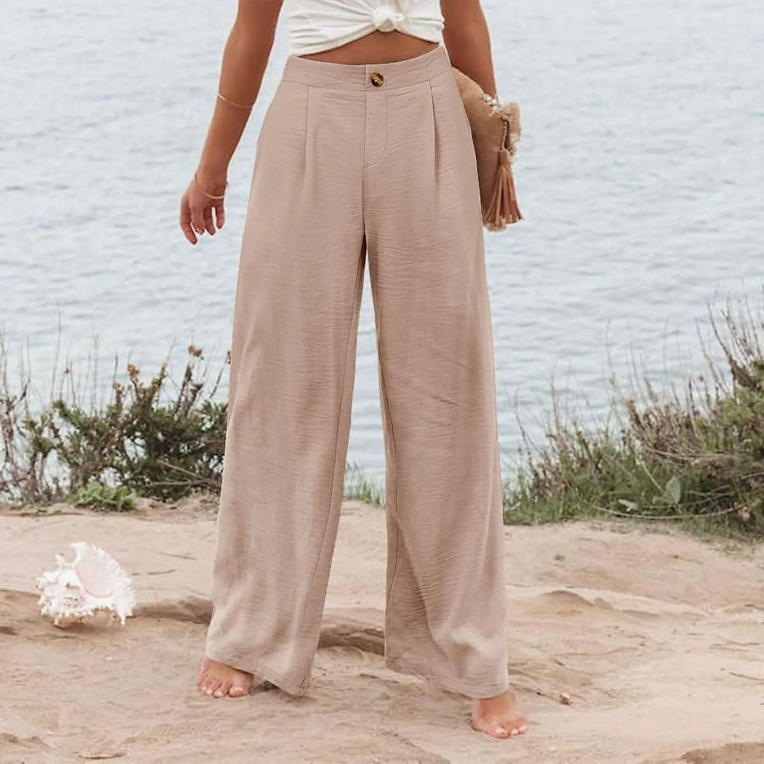 Mmoneyake Wide Leg Pants for Women High Waist Long Palazzo Pants Button Down Loose Business Work Office Trousers with Pockets
