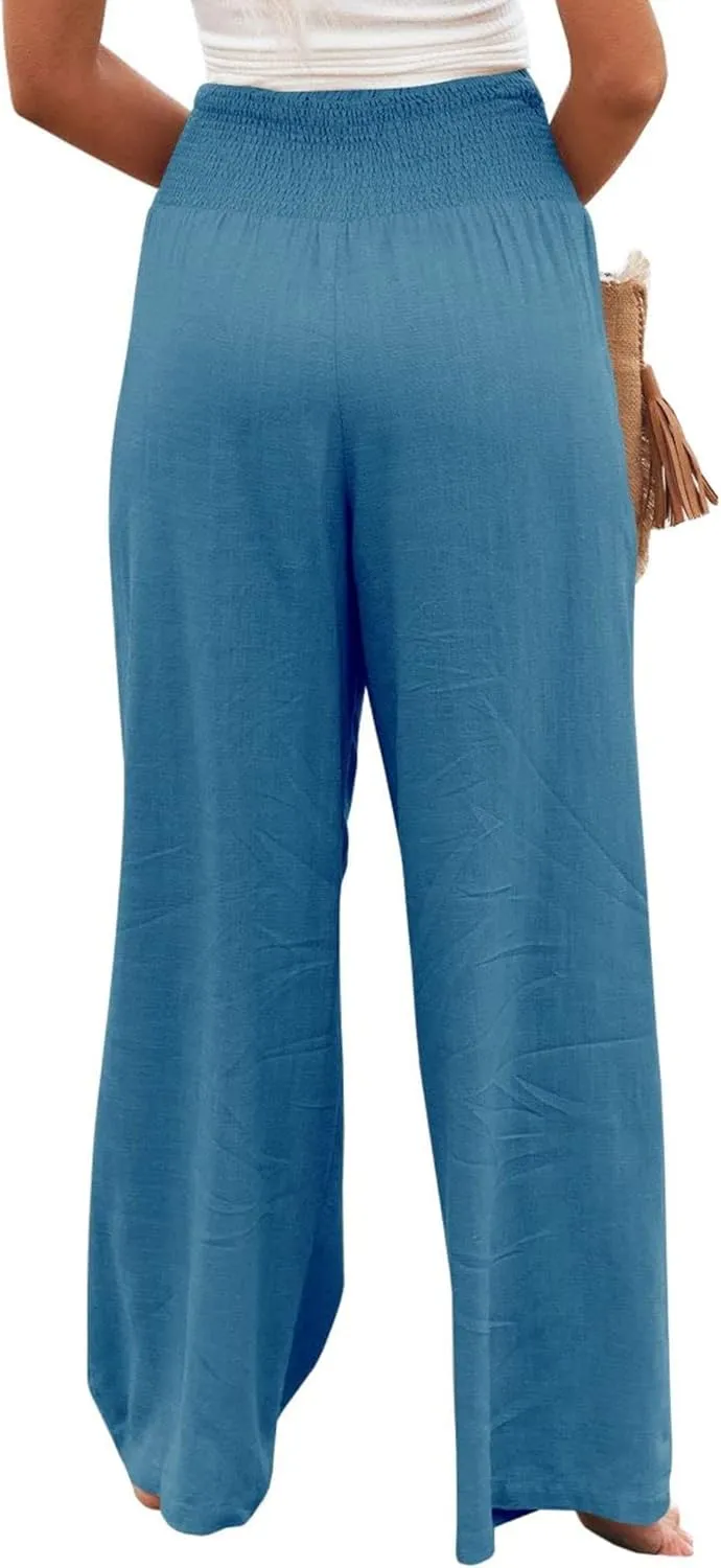 Mmoneyake Women Linen Palazzo Pants 2024 Casual High Waist Wide Leg Pants Lightweight Summer Beach Flowy Pant Lounge Trousers