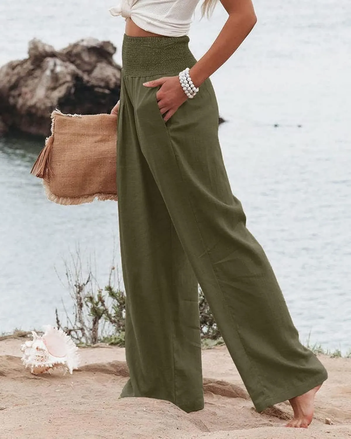 Mmoneyake Women Linen Palazzo Pants 2024 Casual High Waist Wide Leg Pants Lightweight Summer Beach Flowy Pant Lounge Trousers