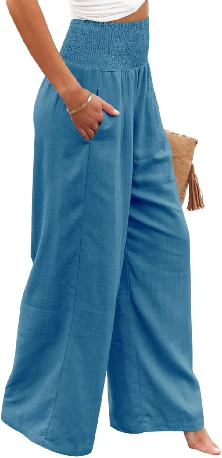 Mmoneyake Women Linen Palazzo Pants 2024 Casual High Waist Wide Leg Pants Lightweight Summer Beach Flowy Pant Lounge Trousers
