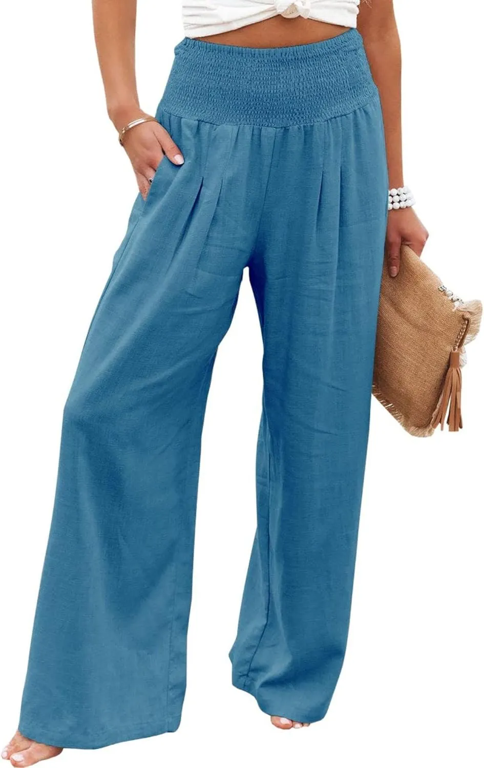 Mmoneyake Women Linen Palazzo Pants 2024 Casual High Waist Wide Leg Pants Lightweight Summer Beach Flowy Pant Lounge Trousers