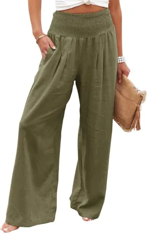 Mmoneyake Women Linen Palazzo Pants 2024 Casual High Waist Wide Leg Pants Lightweight Summer Beach Flowy Pant Lounge Trousers