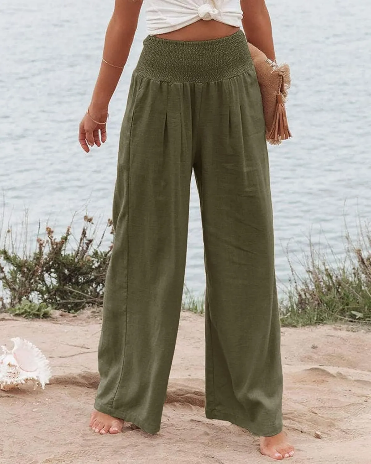 Mmoneyake Women Linen Palazzo Pants 2024 Casual High Waist Wide Leg Pants Lightweight Summer Beach Flowy Pant Lounge Trousers