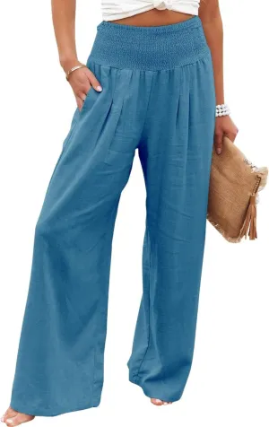Mmoneyake Women Linen Palazzo Pants 2024 Casual High Waist Wide Leg Pants Lightweight Summer Beach Flowy Pant Lounge Trousers