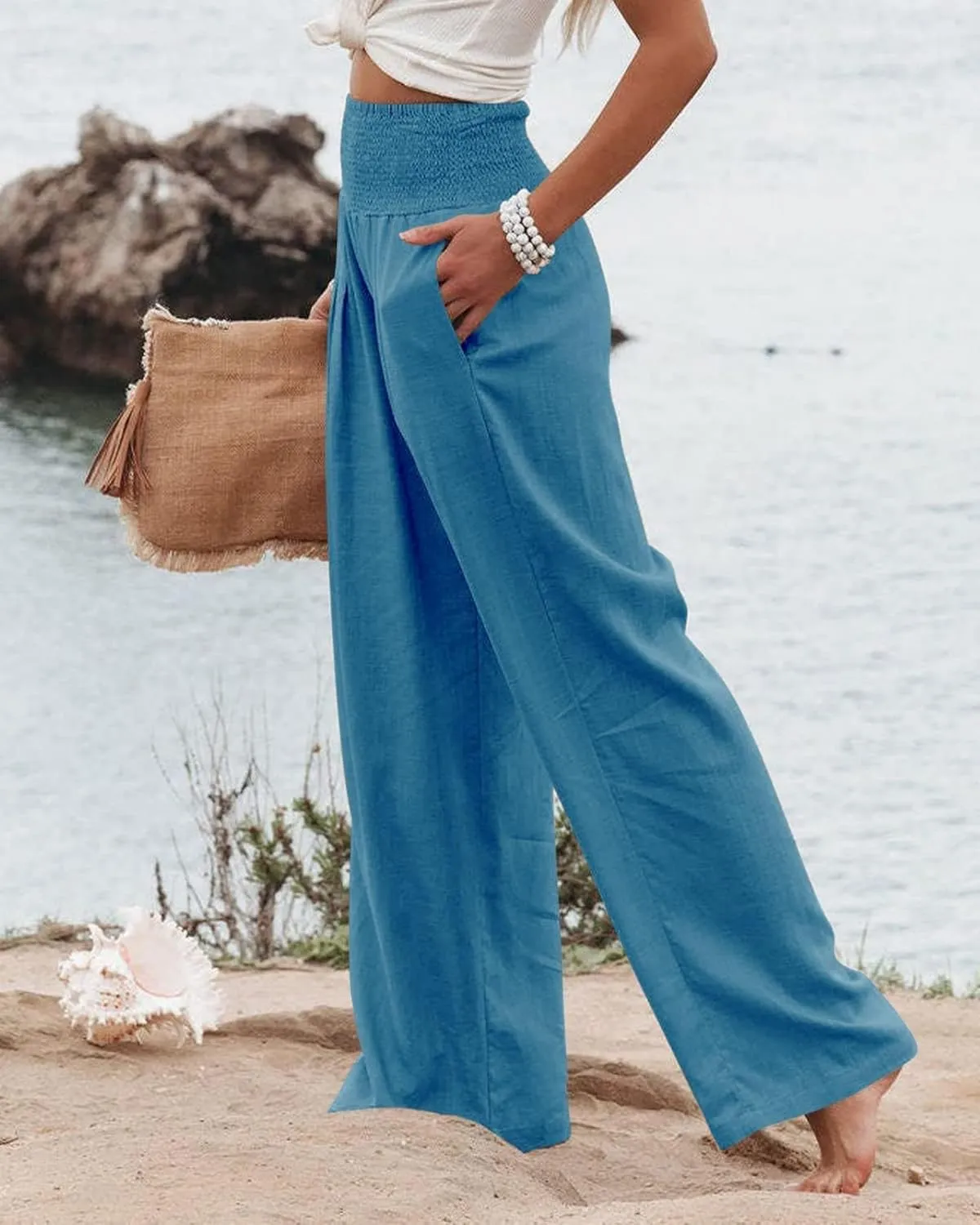 Mmoneyake Women Linen Palazzo Pants 2024 Casual High Waist Wide Leg Pants Lightweight Summer Beach Flowy Pant Lounge Trousers