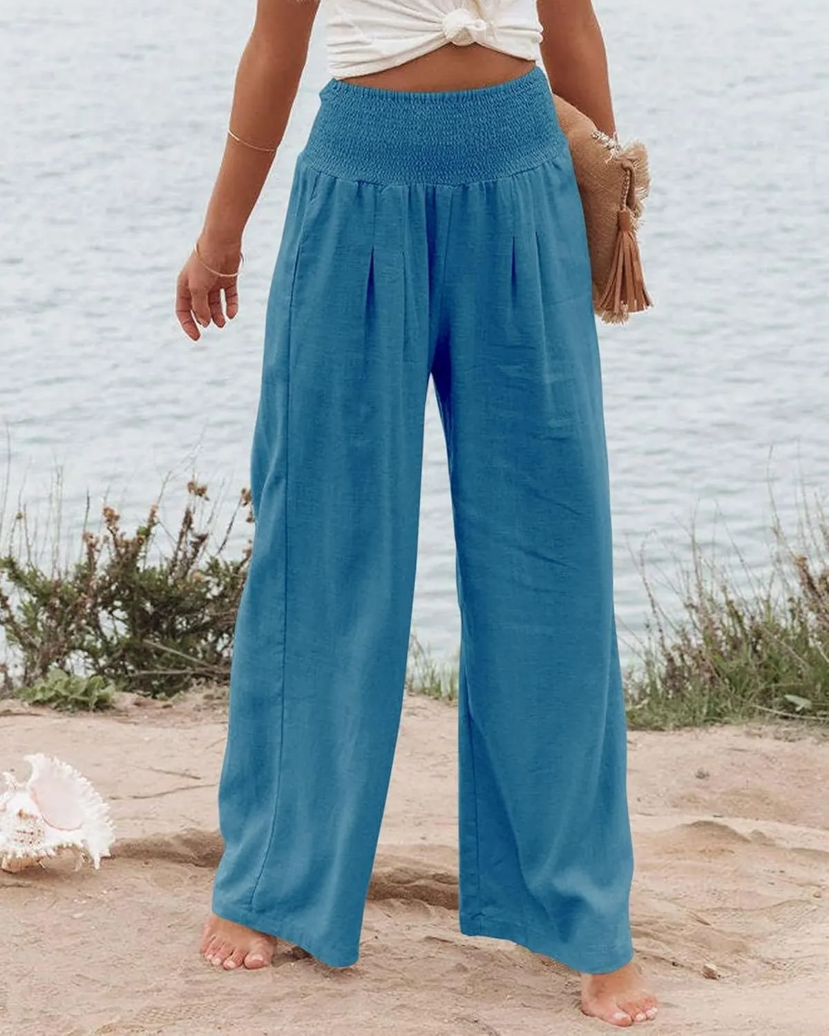 Mmoneyake Women Linen Palazzo Pants 2024 Casual High Waist Wide Leg Pants Lightweight Summer Beach Flowy Pant Lounge Trousers