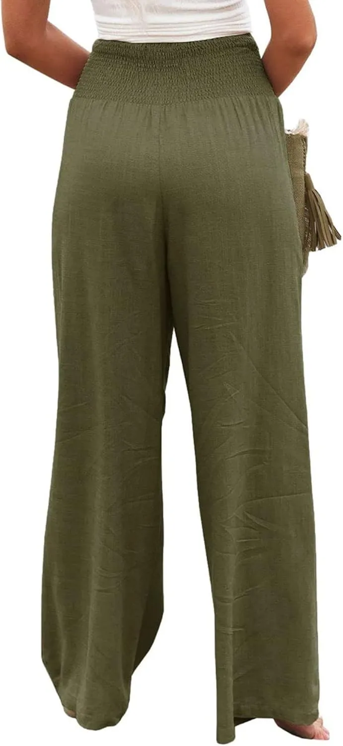 Mmoneyake Women Linen Palazzo Pants 2024 Casual High Waist Wide Leg Pants Lightweight Summer Beach Flowy Pant Lounge Trousers