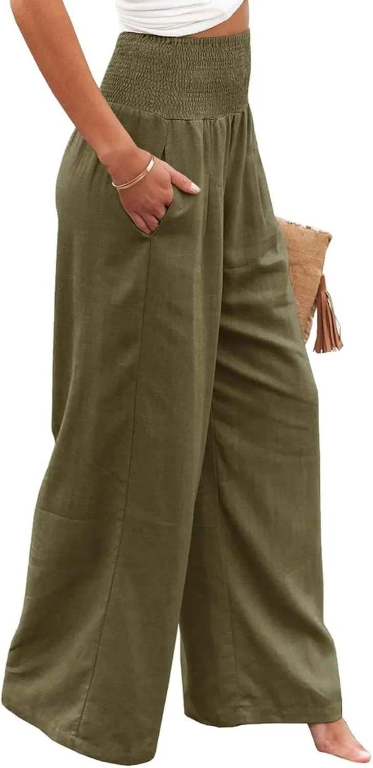 Mmoneyake Women Linen Palazzo Pants 2024 Casual High Waist Wide Leg Pants Lightweight Summer Beach Flowy Pant Lounge Trousers