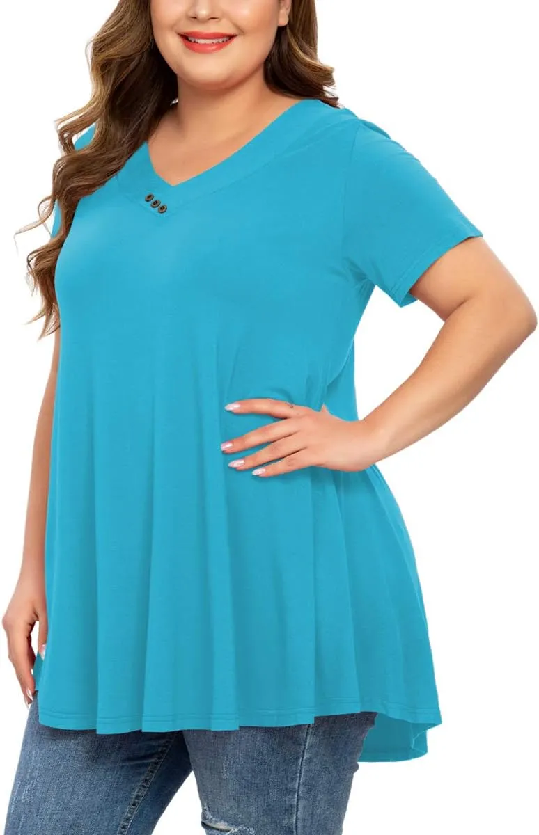 MONNURO Womens Plus Size Short Sleeve V Neck Button Basic Tunic Tops Summer Swing Shirts Blouses for Leggings