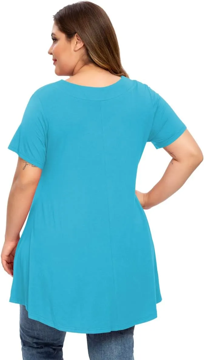MONNURO Womens Plus Size Short Sleeve V Neck Button Basic Tunic Tops Summer Swing Shirts Blouses for Leggings