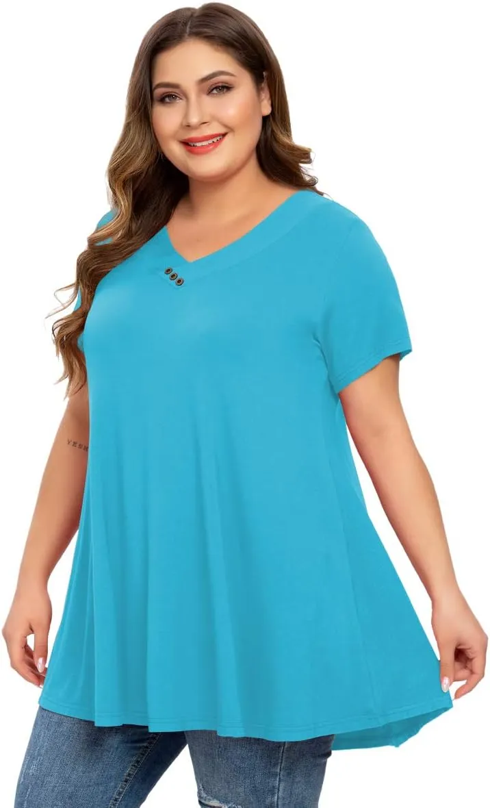 MONNURO Womens Plus Size Short Sleeve V Neck Button Basic Tunic Tops Summer Swing Shirts Blouses for Leggings