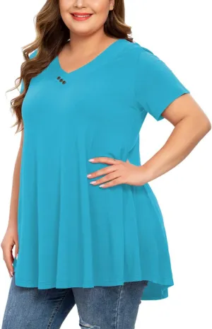 MONNURO Womens Plus Size Short Sleeve V Neck Button Basic Tunic Tops Summer Swing Shirts Blouses for Leggings