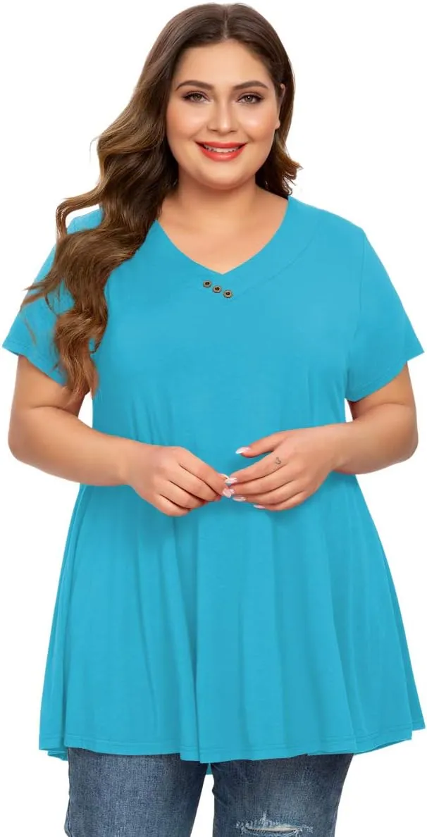 MONNURO Womens Plus Size Short Sleeve V Neck Button Basic Tunic Tops Summer Swing Shirts Blouses for Leggings