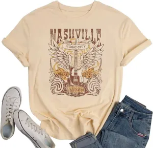 Nashville Country Concert Music T Shirts for Women Guitar Eagle Wing Graphic Short Sleeve Vintage Casual Girl Tee Tops
