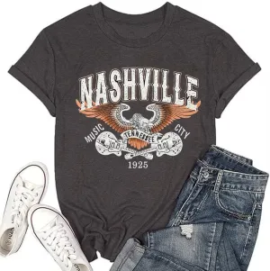 Nashville Country Concert Music T Shirts for Women Guitar Eagle Wing Graphic Short Sleeve Vintage Casual Girl Tee Tops