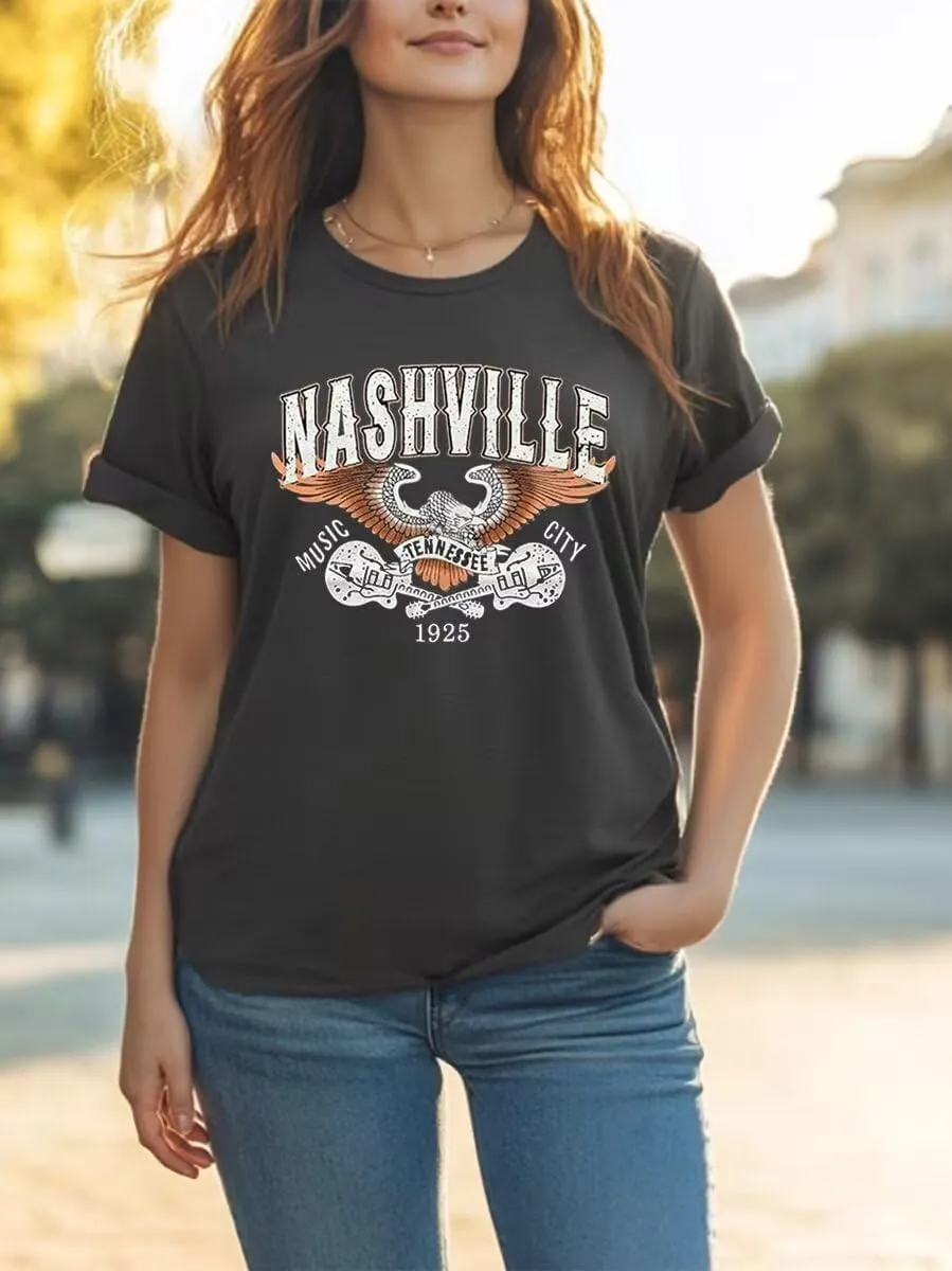 Nashville Country Concert Music T Shirts for Women Guitar Eagle Wing Graphic Short Sleeve Vintage Casual Girl Tee Tops