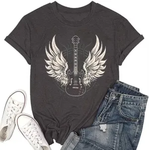 Nashville Country Concert Music T Shirts for Women Guitar Eagle Wing Graphic Short Sleeve Vintage Casual Girl Tee Tops