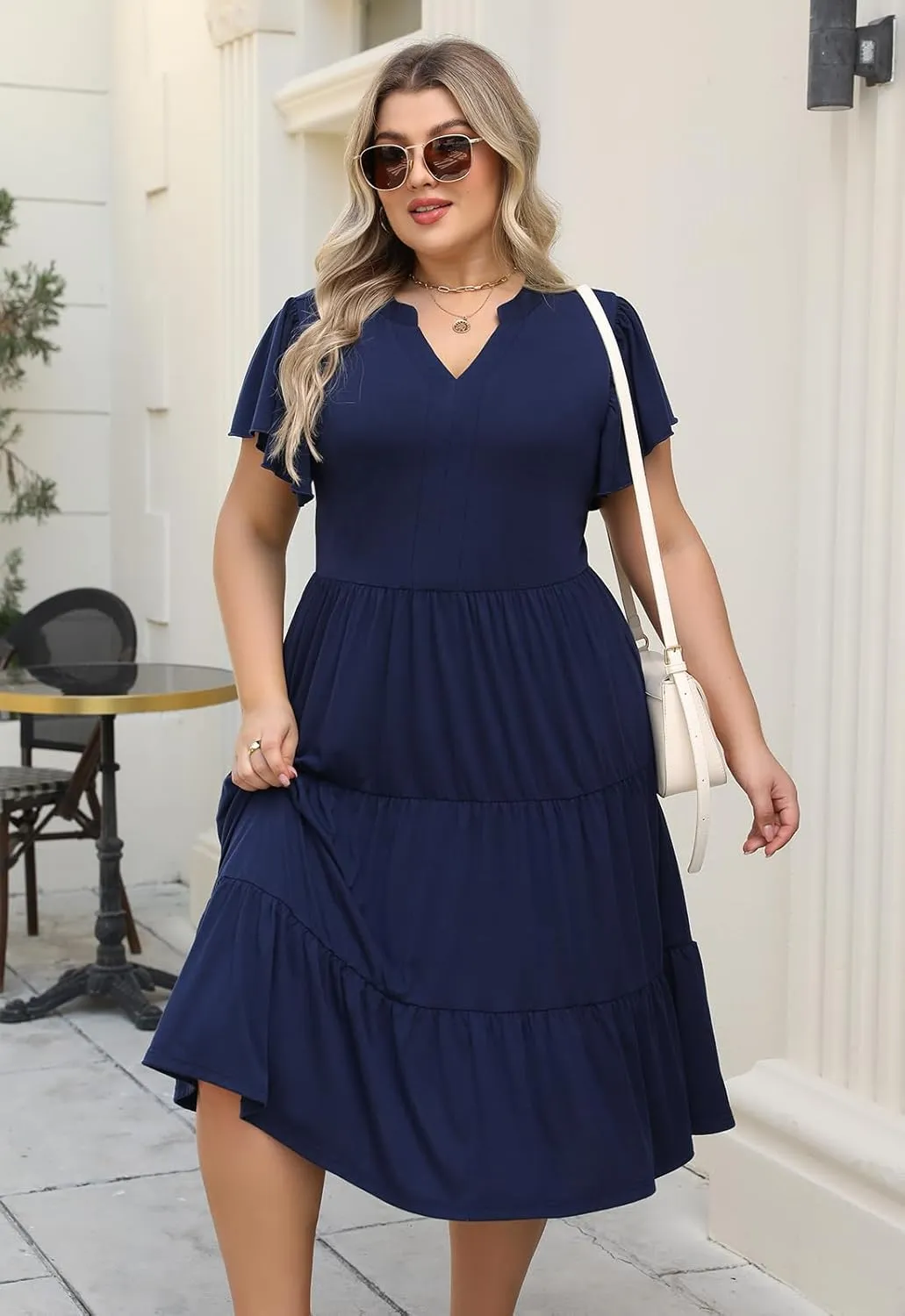 Nemidor Womens Plus Size Summer Midi Dress Tiered Casual Loose Swing Dresses with Ruffle Sleeve and Pocket 16-26