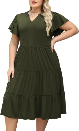 Nemidor Womens Plus Size Summer Midi Dress Tiered Casual Loose Swing Dresses with Ruffle Sleeve and Pocket 16-26
