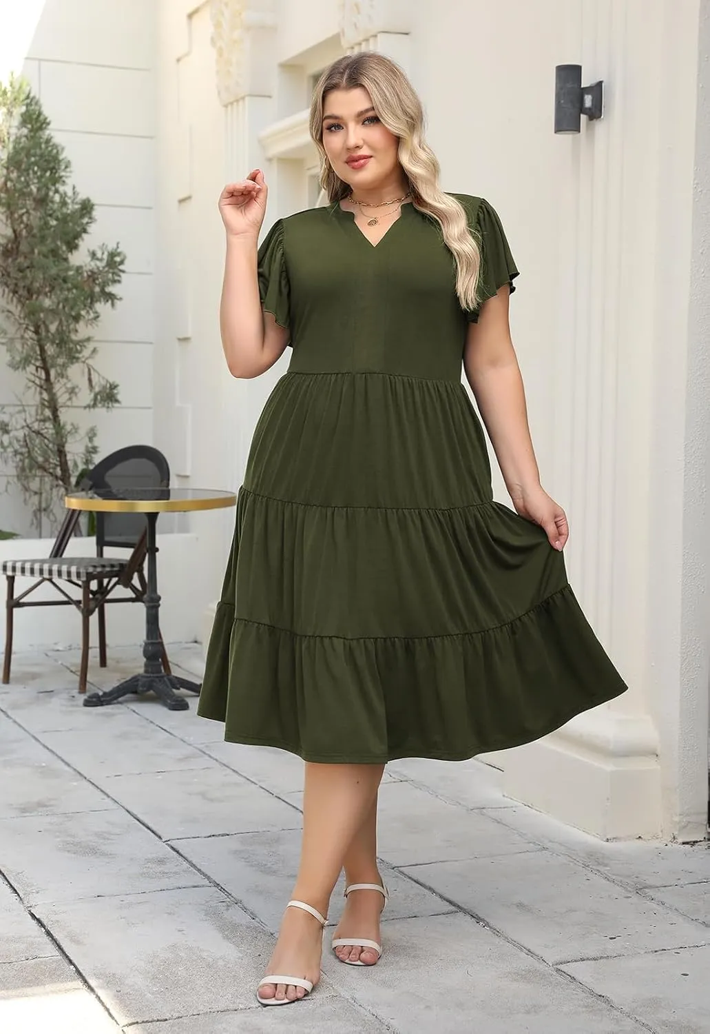 Nemidor Womens Plus Size Summer Midi Dress Tiered Casual Loose Swing Dresses with Ruffle Sleeve and Pocket 16-26