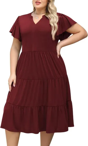 Nemidor Womens Plus Size Summer Midi Dress Tiered Casual Loose Swing Dresses with Ruffle Sleeve and Pocket 16-26