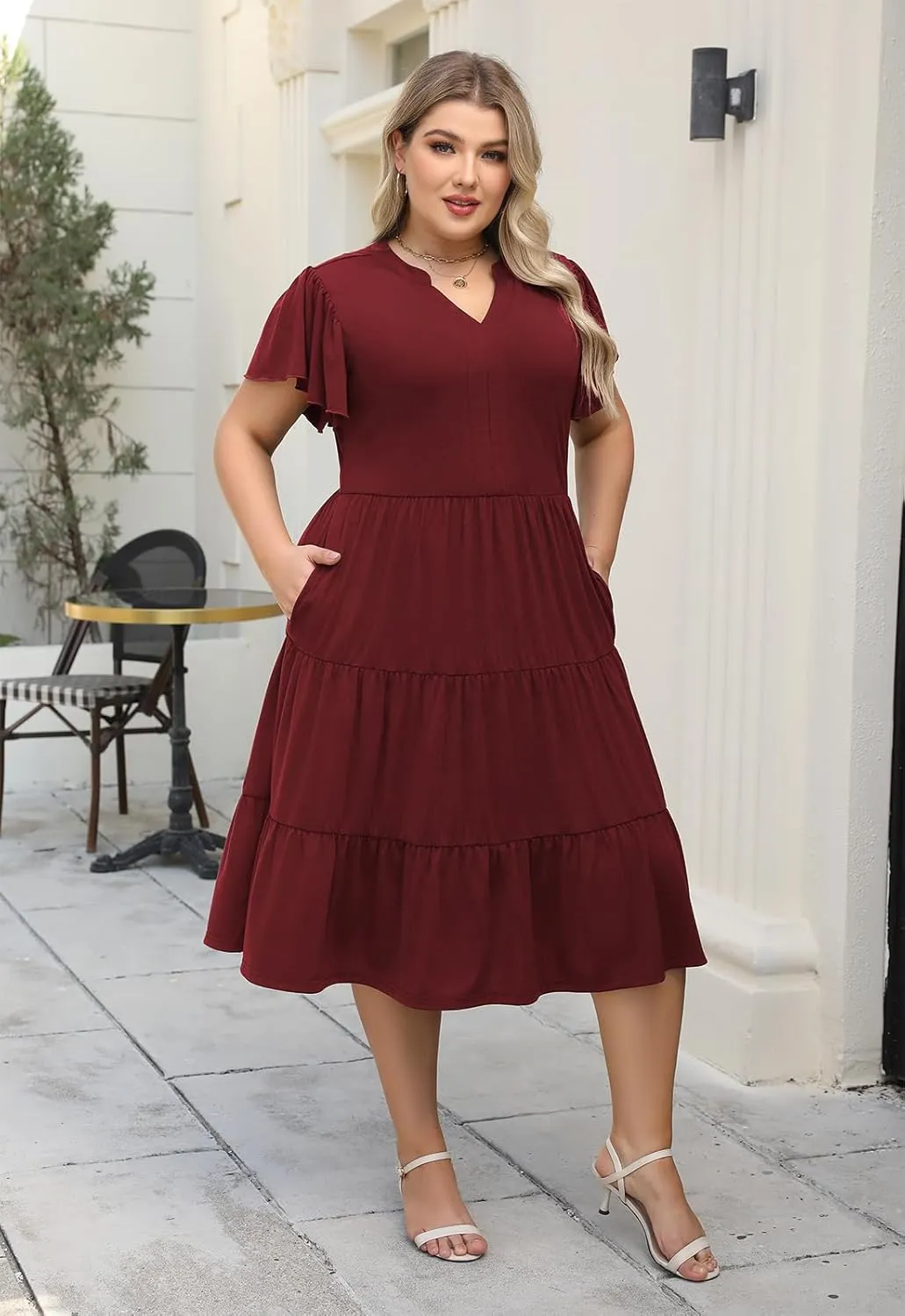 Nemidor Womens Plus Size Summer Midi Dress Tiered Casual Loose Swing Dresses with Ruffle Sleeve and Pocket 16-26