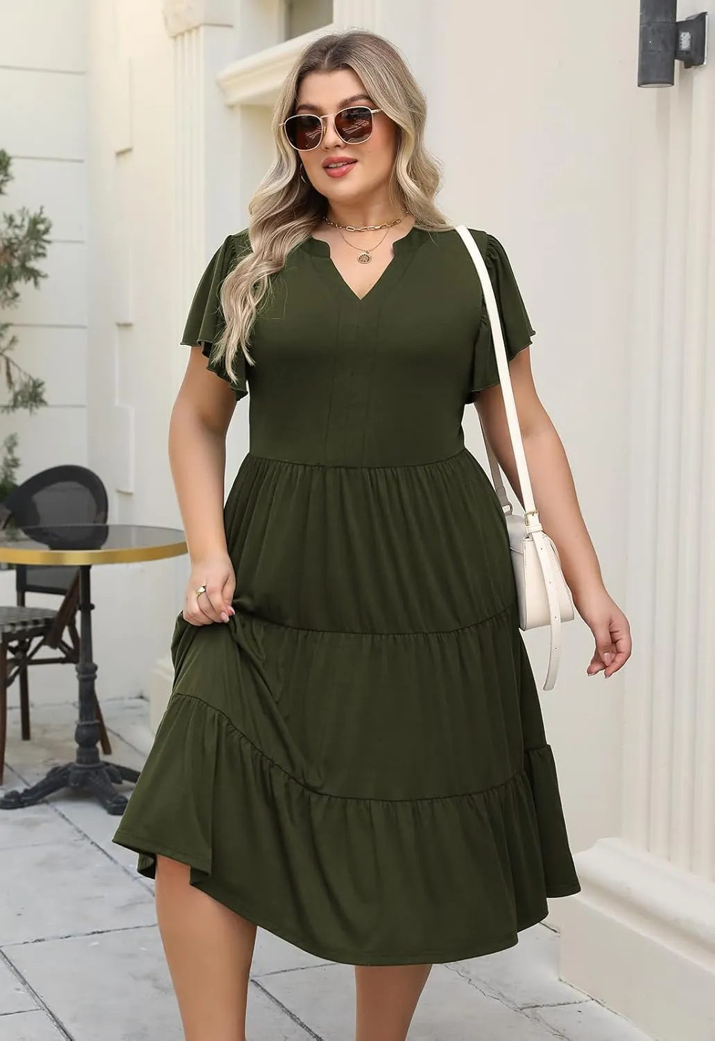 Nemidor Womens Plus Size Summer Midi Dress Tiered Casual Loose Swing Dresses with Ruffle Sleeve and Pocket 16-26