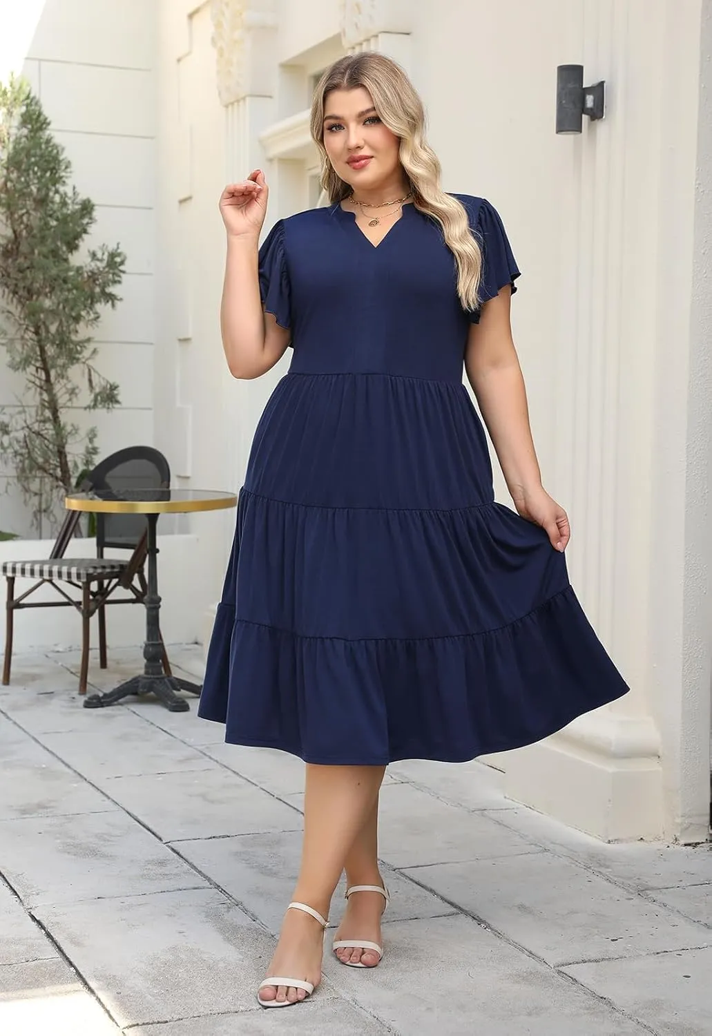 Nemidor Womens Plus Size Summer Midi Dress Tiered Casual Loose Swing Dresses with Ruffle Sleeve and Pocket 16-26