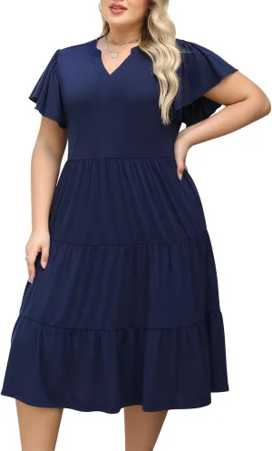 Nemidor Womens Plus Size Summer Midi Dress Tiered Casual Loose Swing Dresses with Ruffle Sleeve and Pocket 16-26