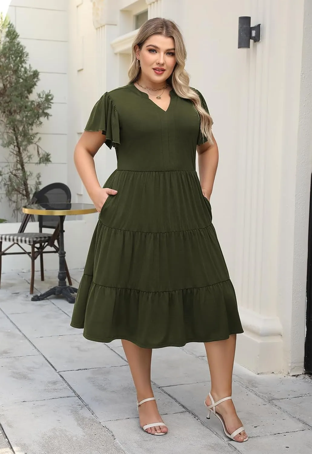 Nemidor Womens Plus Size Summer Midi Dress Tiered Casual Loose Swing Dresses with Ruffle Sleeve and Pocket 16-26