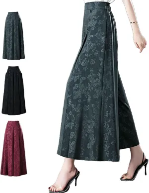 New Designable Ice Silk Palazzo Pants Cool & Comfy Palazzo Pants for Women, Rose Print High Waist Wide Leg Cropped Trousers