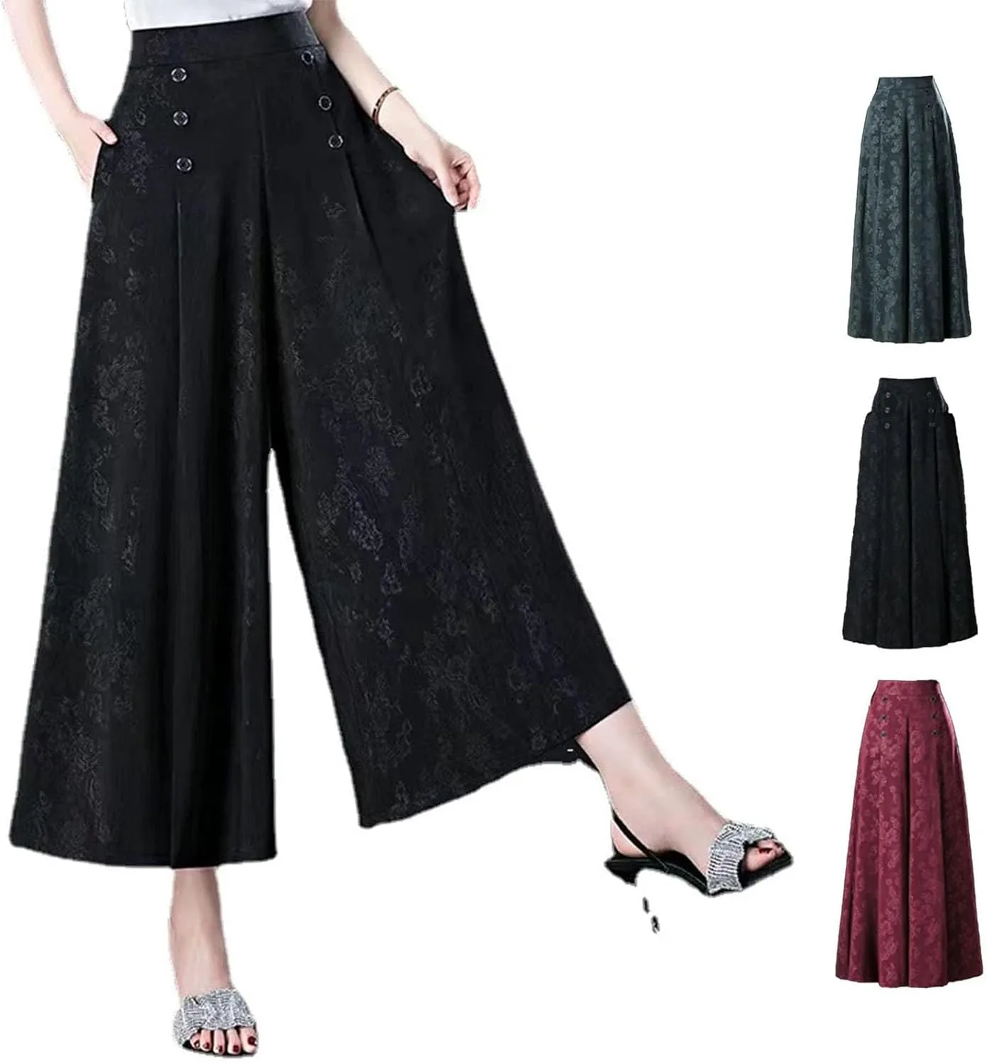 New Designable Ice Silk Palazzo Pants Cool & Comfy Palazzo Pants for Women, Rose Print High Waist Wide Leg Cropped Trousers