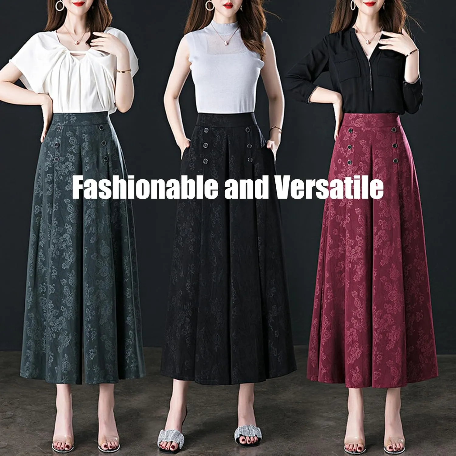 New Designable Ice Silk Palazzo Pants Cool & Comfy Palazzo Pants for Women, Rose Print High Waist Wide Leg Cropped Trousers
