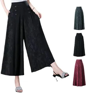 New Designable Ice Silk Palazzo Pants Cool & Comfy Palazzo Pants for Women, Rose Print High Waist Wide Leg Cropped Trousers
