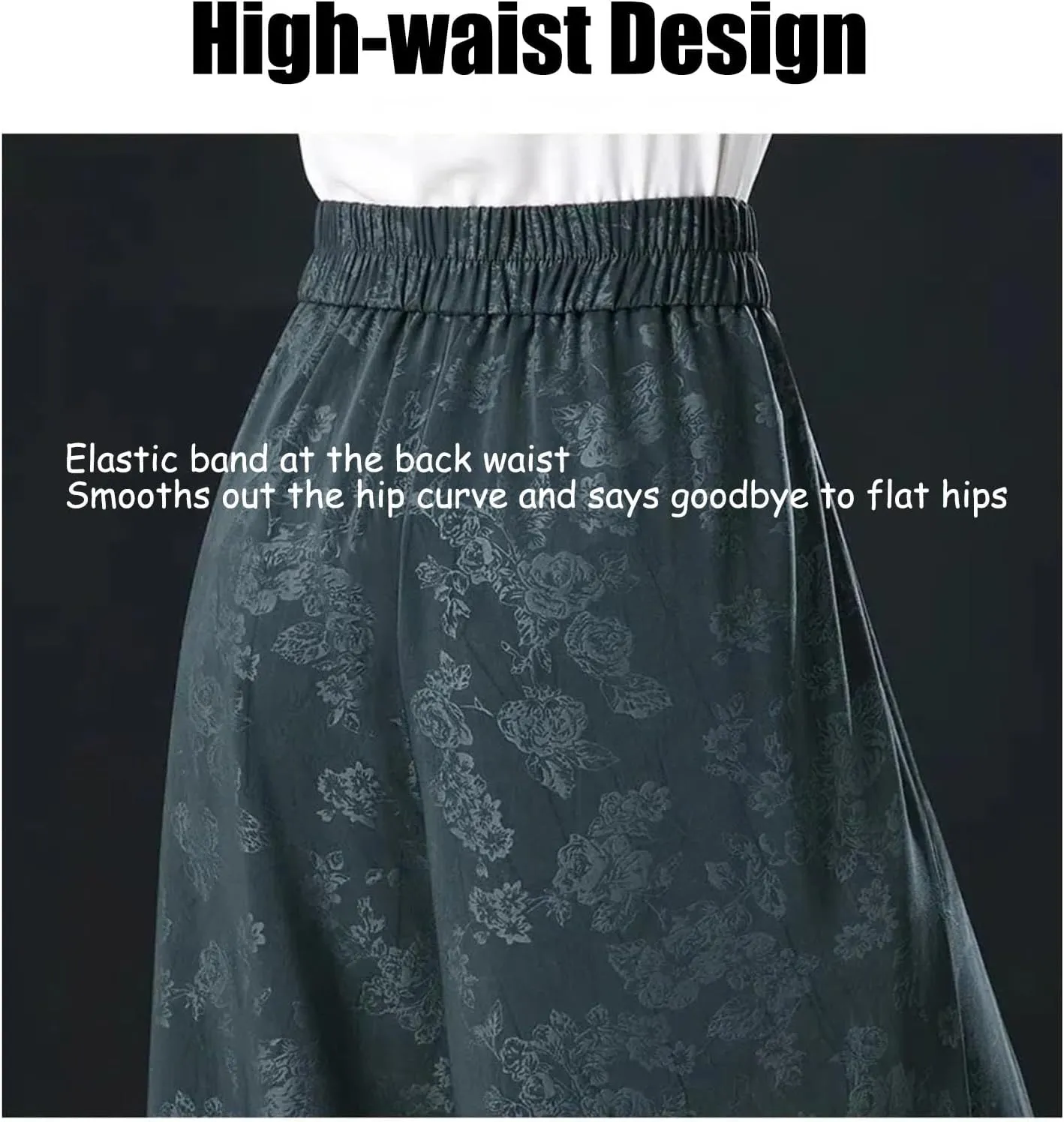 New Designable Ice Silk Palazzo Pants Cool & Comfy Palazzo Pants for Women, Rose Print High Waist Wide Leg Cropped Trousers