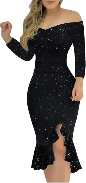 Oplxuo Off Shoulder Sequin Short Party Dresses for Women with Sleeves Glitter Ruffle Hem Slit Mini Formal Prom Cocktail Gown